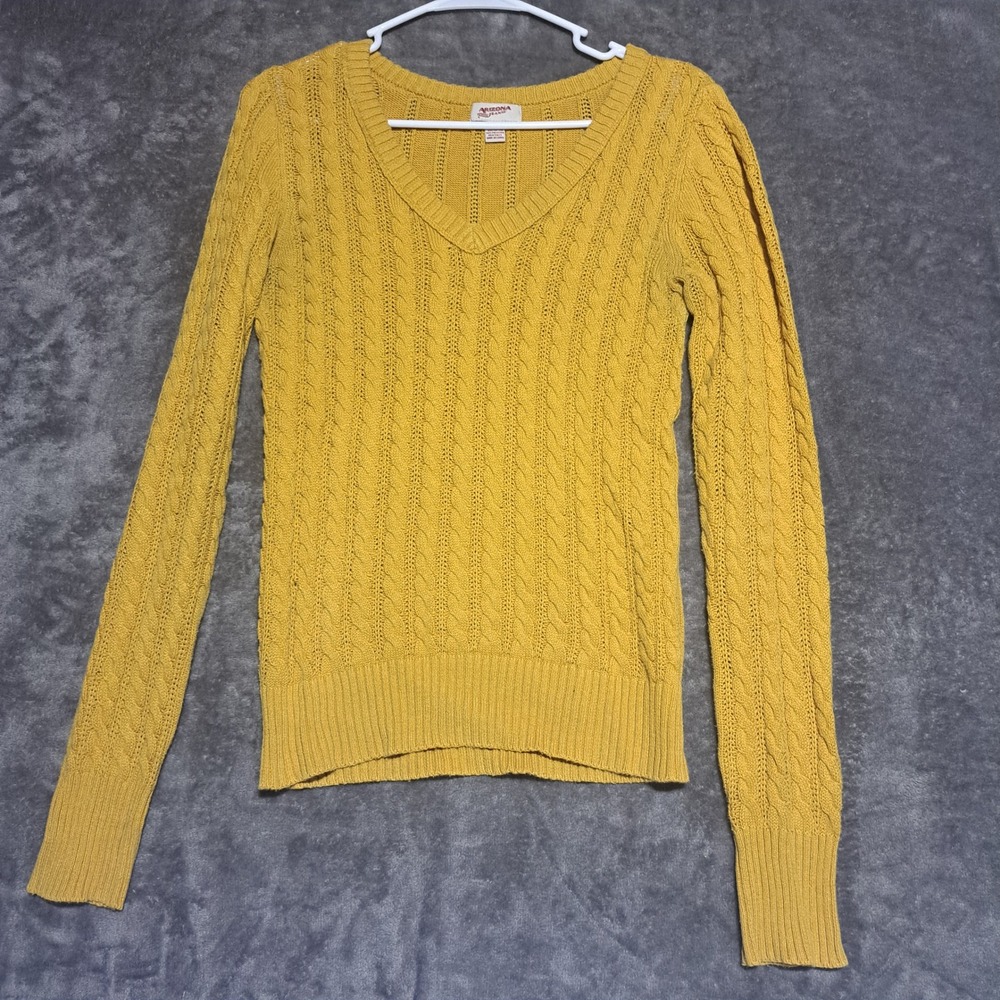 Arizona Jean Co Mustard Yellow V-Neck Cable Knit Sweater Medium Preppy Boho